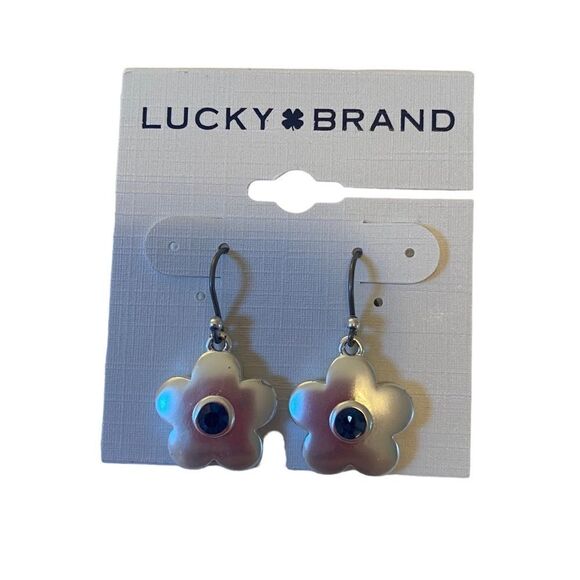 Matte Silver & Dk Blue Crystal Daisy Drop Earrings. - Picture 5 of 6